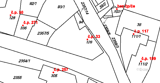 Hudlice 33 na parcele st. 126 v KÚ Hudlice, Katastrální mapa