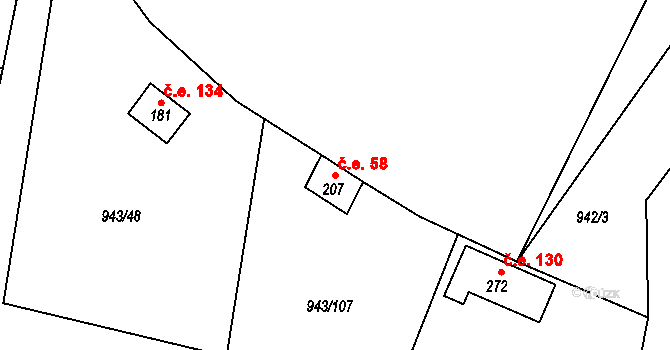 Bežerovice 58, Sudoměřice u Bechyně na parcele st. 207 v KÚ Bežerovice, Katastrální mapa