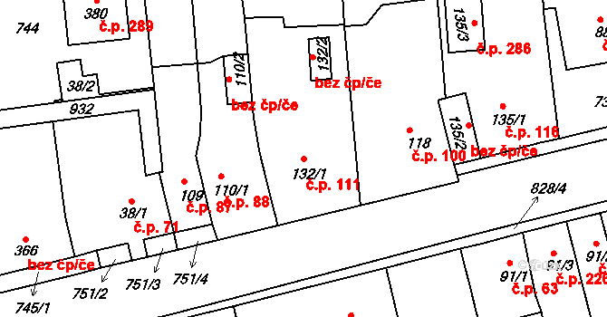 Unčín 111, Krupka na parcele st. 132/1 v KÚ Unčín u Krupky, Katastrální mapa