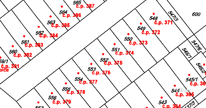Jarošov 375, Uherské Hradiště na parcele st. 552 v KÚ Jarošov u Uherského Hradiště, Katastrální mapa