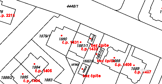Teplice 1432 na parcele st. 1881/1 v KÚ Teplice, Katastrální mapa