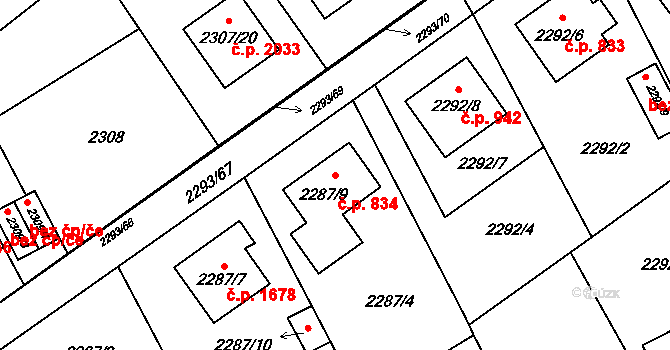 Místek 834, Frýdek-Místek na parcele st. 2287/9 v KÚ Místek, Katastrální mapa