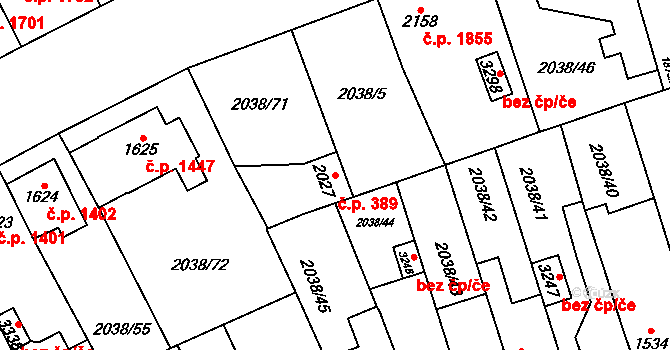 Dvůr Králové nad Labem 389 na parcele st. 2027 v KÚ Dvůr Králové nad Labem, Katastrální mapa