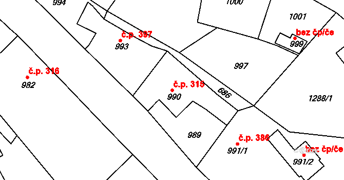 Hodkovice nad Mohelkou 315 na parcele st. 990 v KÚ Hodkovice nad Mohelkou, Katastrální mapa