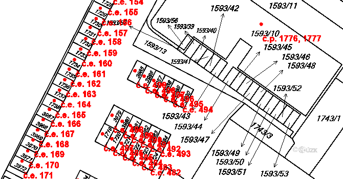 Kuřim 495 na parcele st. 3989 v KÚ Kuřim, Katastrální mapa