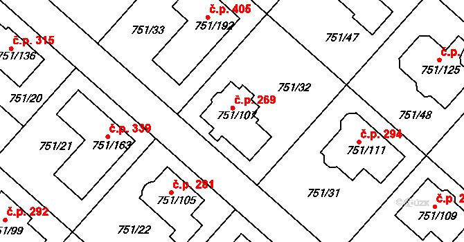 Koloděje 269, Praha na parcele st. 751/107 v KÚ Koloděje, Katastrální mapa