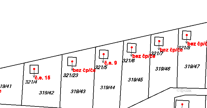 Jenišov 9 na parcele st. 321/5 v KÚ Jenišov, Katastrální mapa