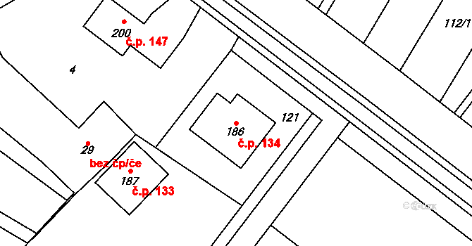 Žešov 134, Prostějov na parcele st. 186 v KÚ Žešov, Katastrální mapa