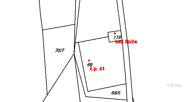 Vysoký Újezd 41 na parcele st. 69 v KÚ Vysoký Újezd, Katastrální mapa