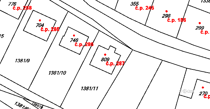 Příluky 287, Zlín na parcele st. 809 v KÚ Příluky u Zlína, Katastrální mapa