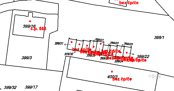 Březnice 42303419 na parcele st. 399/28 v KÚ Březnice, Katastrální mapa