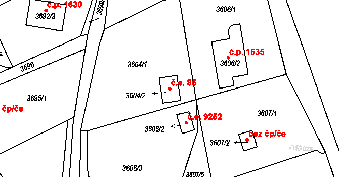 Střekov 85, Ústí nad Labem na parcele st. 3604/2 v KÚ Střekov, Katastrální mapa