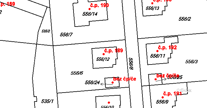Chuchelná 189 na parcele st. 556/12 v KÚ Chuchelná, Katastrální mapa