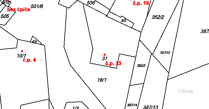Touboř 33, Kunštát na parcele st. 31 v KÚ Touboř, Katastrální mapa