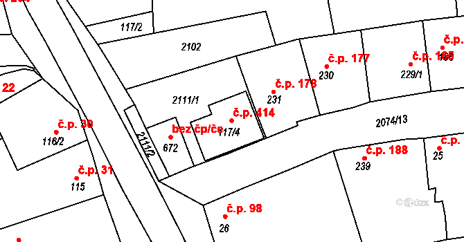 Merklín 414 na parcele st. 117/4 v KÚ Merklín u Přeštic, Katastrální mapa