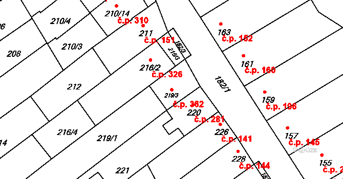 Těšov 362, Uherský Brod na parcele st. 219/3 v KÚ Těšov, Katastrální mapa