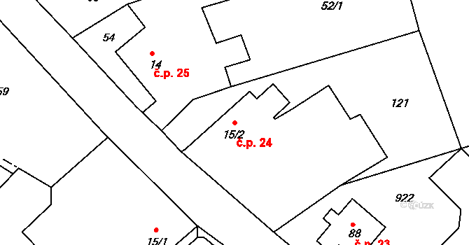 Mokrouše 24 na parcele st. 15/2 v KÚ Mokrouše, Katastrální mapa