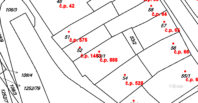 Hustopeče 888 na parcele st. 53/1 v KÚ Hustopeče u Brna, Katastrální mapa