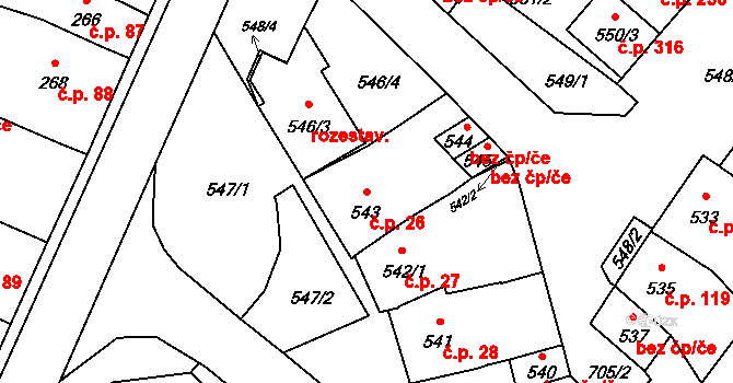 Vážany 26, Kroměříž na parcele st. 543 v KÚ Vážany u Kroměříže, Katastrální mapa