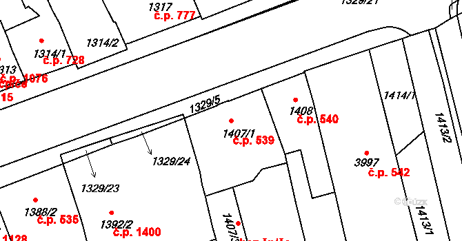 Holešov 539 na parcele st. 1407/1 v KÚ Holešov, Katastrální mapa