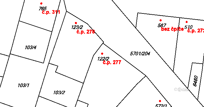Hrádek 277 na parcele st. 122/2 v KÚ Hrádek u Znojma, Katastrální mapa