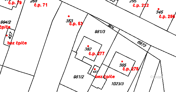 Vémyslice 277 na parcele st. 382 v KÚ Vémyslice, Katastrální mapa