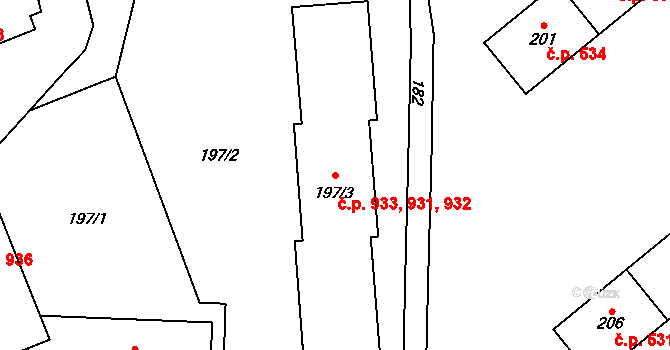 Vratimov 931,932,933 na parcele st. 197/3 v KÚ Vratimov, Katastrální mapa