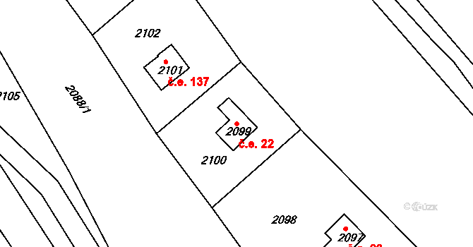 Veverská Bítýška 22 na parcele st. 2099 v KÚ Veverská Bítýška, Katastrální mapa