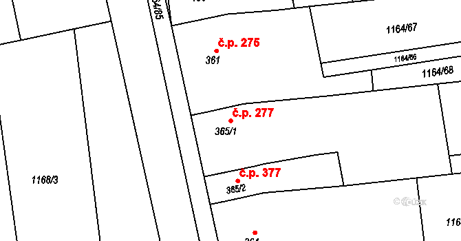 Žeravice 277 na parcele st. 365/1 v KÚ Žeravice u Kyjova, Katastrální mapa