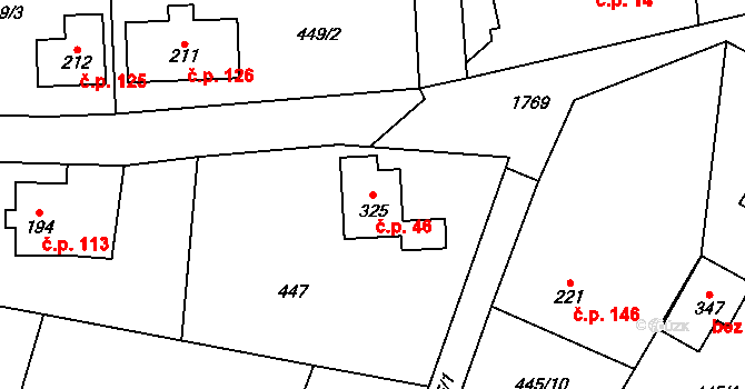 Rychaltice 46, Hukvaldy na parcele st. 325 v KÚ Rychaltice, Katastrální mapa