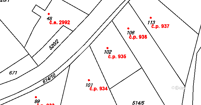 Všedobrovice 935, Kamenice na parcele st. 102 v KÚ Štiřín, Katastrální mapa