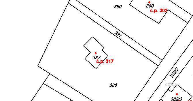 Donín 317, Hrádek nad Nisou na parcele st. 387 v KÚ Donín u Hrádku nad Nisou, Katastrální mapa
