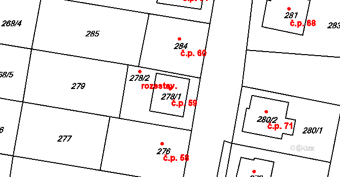 Vratíkov 59, Boskovice na parcele st. 278/1 v KÚ Vratíkov, Katastrální mapa