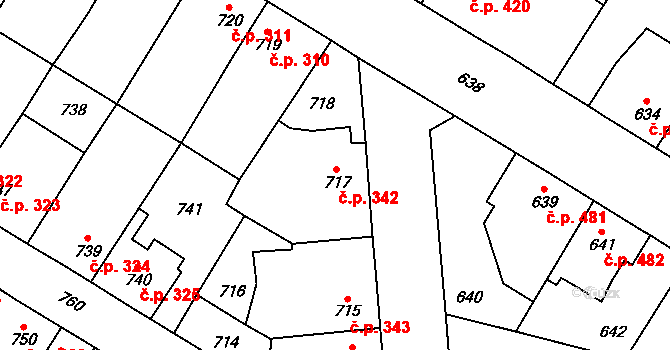 Kosmonosy 342 na parcele st. 717 v KÚ Kosmonosy, Katastrální mapa