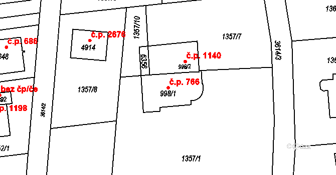 Rožnov pod Radhoštěm 766 na parcele st. 998/1 v KÚ Rožnov pod Radhoštěm, Katastrální mapa