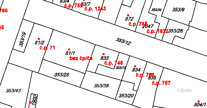 Lysá nad Labem 748 na parcele st. 833 v KÚ Lysá nad Labem, Katastrální mapa