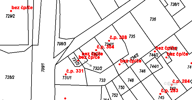 Novosedlice 304 na parcele st. 732/1 v KÚ Novosedlice, Katastrální mapa