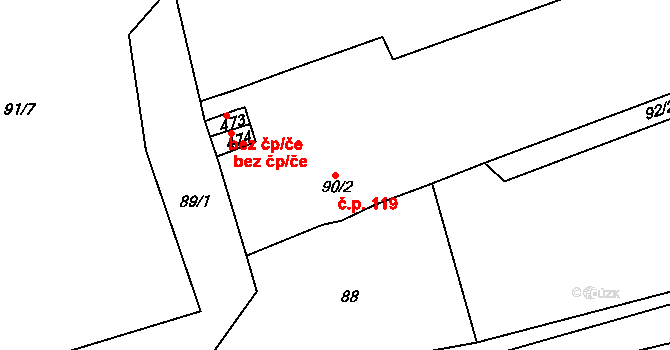 Háje 119, Cheb na parcele st. 90/2 v KÚ Háje u Chebu, Katastrální mapa