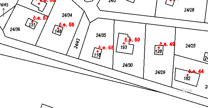 Podhoří 55, Cheb na parcele st. 118 v KÚ Podhoří u Chebu, Katastrální mapa