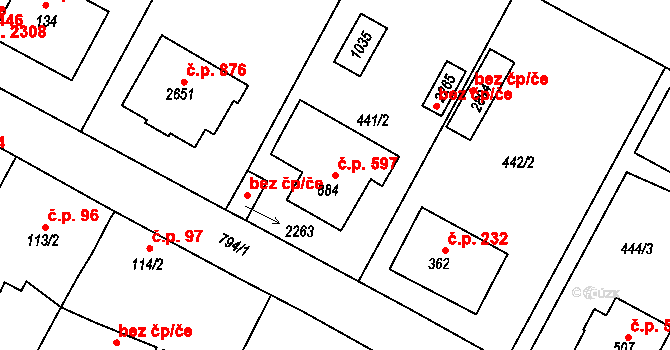 Sezimovo Ústí 597 na parcele st. 884 v KÚ Sezimovo Ústí, Katastrální mapa
