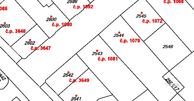 Chomutov 1081 na parcele st. 2543 v KÚ Chomutov I, Katastrální mapa