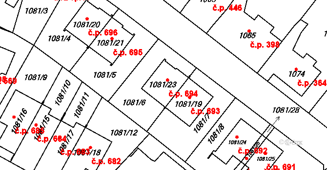 Ďáblice 694, Praha na parcele st. 1081/23 v KÚ Ďáblice, Katastrální mapa