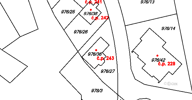Řícmanice 243 na parcele st. 976/36 v KÚ Řícmanice, Katastrální mapa