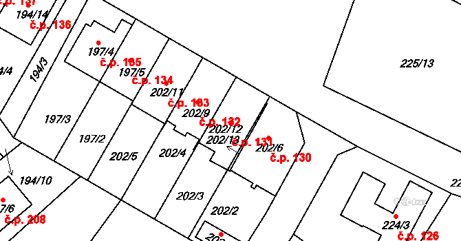 Holubov 131 na parcele st. 202/12 v KÚ Holubov, Katastrální mapa