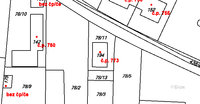 Sezemice 773 na parcele st. 194 v KÚ Počaply nad Loučnou, Katastrální mapa