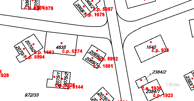 Zlín 5992 na parcele st. 2069/2 v KÚ Zlín, Katastrální mapa