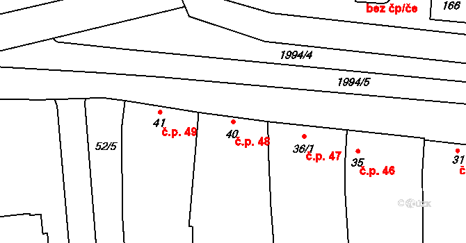 Louky 48, Zlín na parcele st. 40 v KÚ Louky nad Dřevnicí, Katastrální mapa