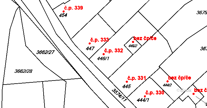 Kožlany 332 na parcele st. 446/1 v KÚ Kožlany, Katastrální mapa