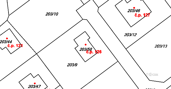 Přítoky 126, Miskovice na parcele st. 203/58 v KÚ Přítoky, Katastrální mapa