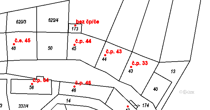 Lašovice 43 na parcele st. 44 v KÚ Lašovice, Katastrální mapa